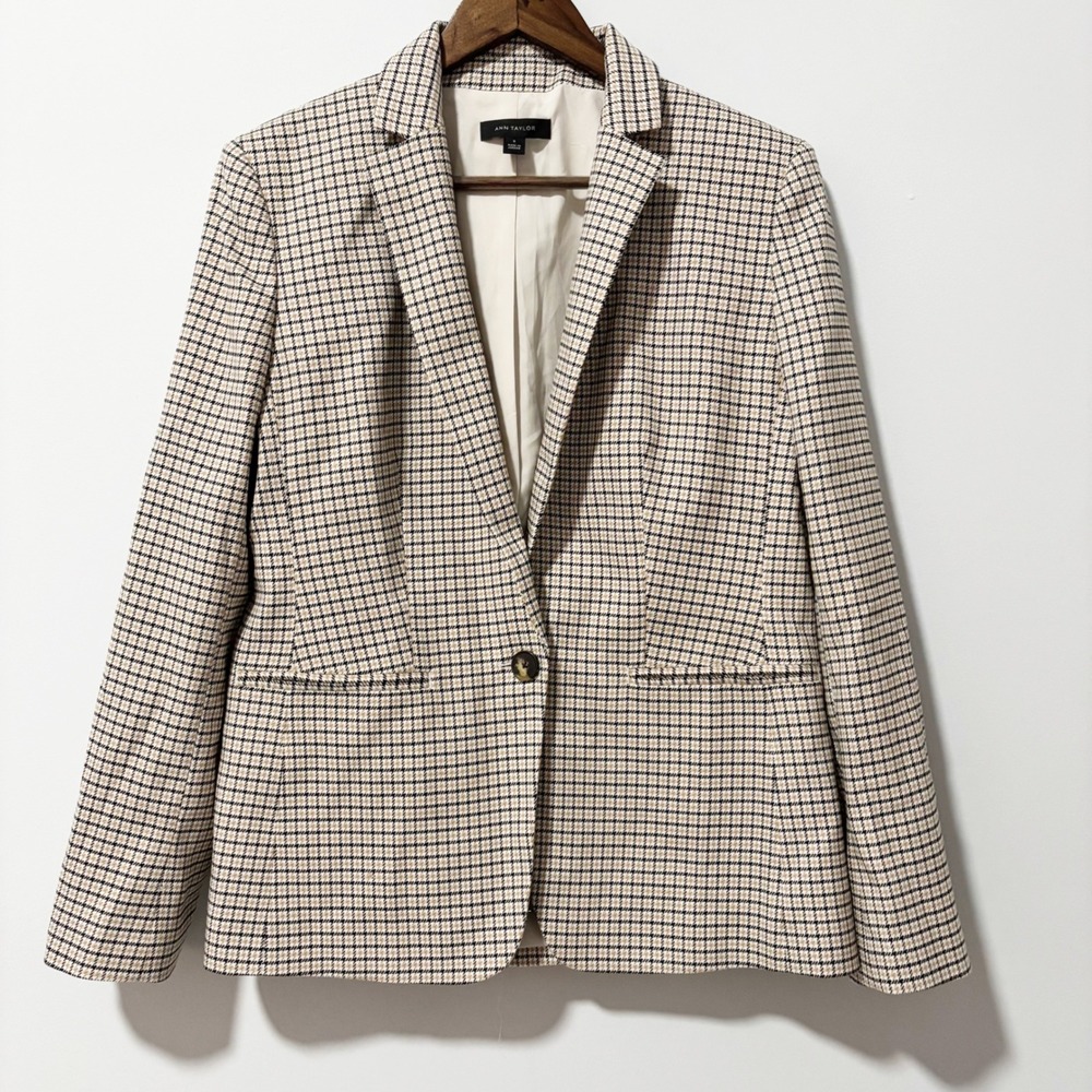 Ann Taylor Hutton Blazer Women 8 Tan Black Joanna Houndstooth Single Button
